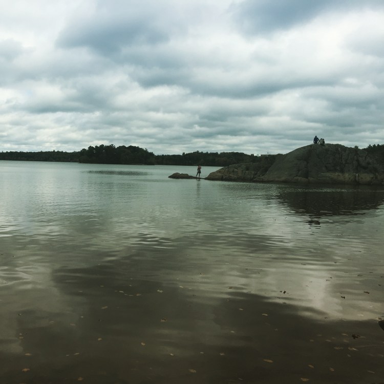 Photo is of a pond with land and clouds in the background.